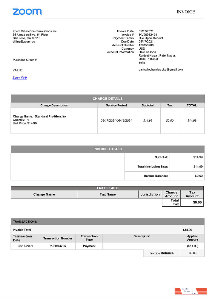 USA Zoom invoice template PSD template